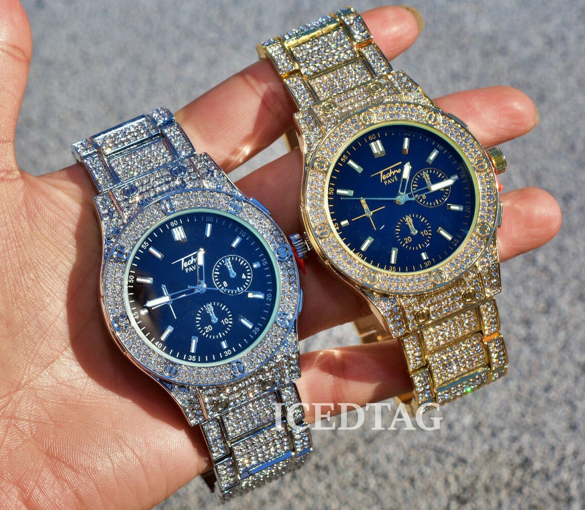 MENS 14K GOLD PLATED LAB DIAMOND ICED BLING ED BLACK DIAL HIP HOP