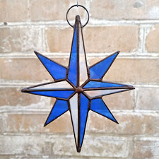 Blue Pole Star Stained Glass Suncatcher Window Hanging - Wind Rose Wall Decor