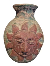 Vtg  Sun & Moon Primitive Handmade Terracotta Vase Faces Protruding Clay Art 6"