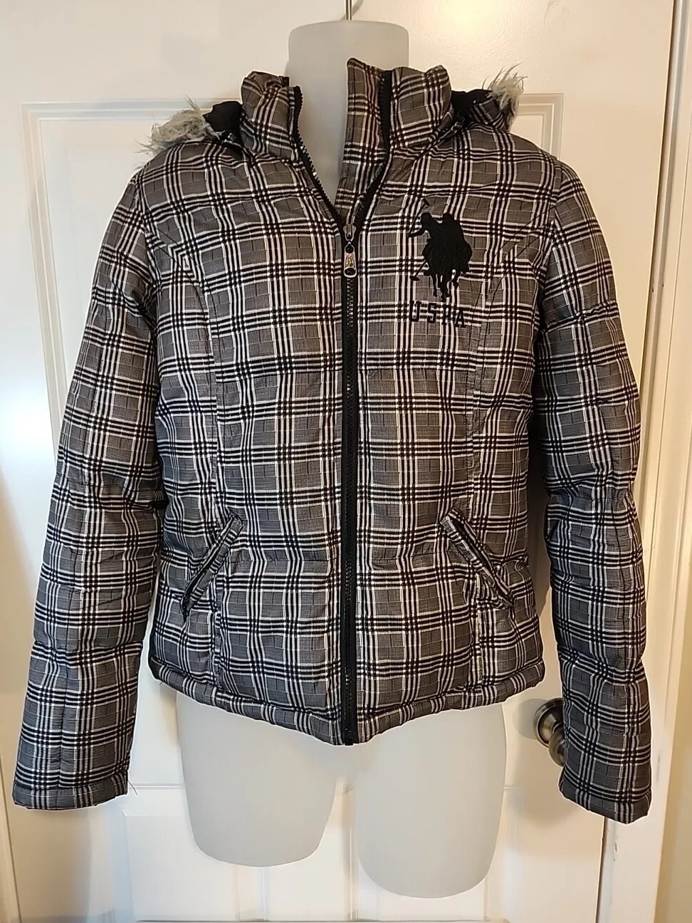 Giacca tampone U.S. Polo Assn Cappuccio A Quadri Nero Grigio Grande Pony Donna Taglia M