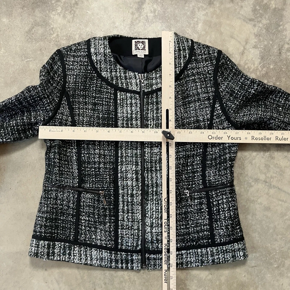 Blazer Anne Klein Mujer 2 Petite Cremallera Tweed Plateado Negro Brillante Chaqueta Oficina Foto 3 de 4