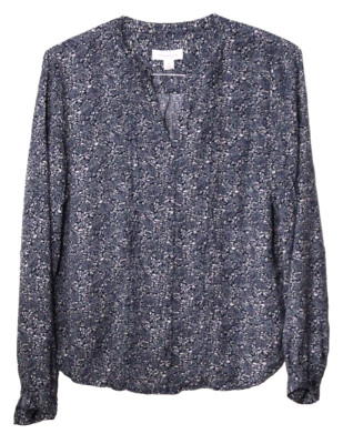 TREASURE BOND BLOUSE ladies size M navy blue white print long sleeve pleated