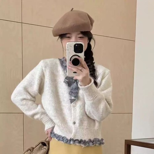Wooden Ear Stitching Round Neck Knit Cardigan Womens Autumn New Bow Sweater - Picture 4 of 23