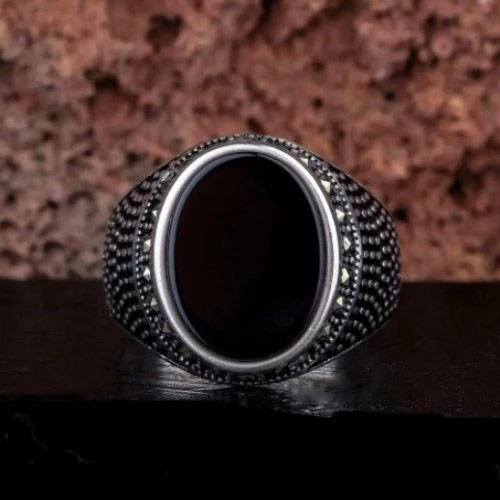 Мужское кольцо с несколькими драгоценными камнями из стерлингового серебра 925 пробы с черным ониксом и зеленым ониксом - Изображение 2 из 4