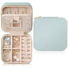 Genuine Leather Travel Jewelry Case Organizer with Mirror Nappa Leather Cyan