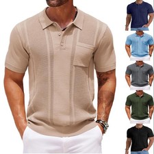 Men's Hollow Knit Short Sleeve Polo Shirt Pocket Collared Casual Top S-3XL