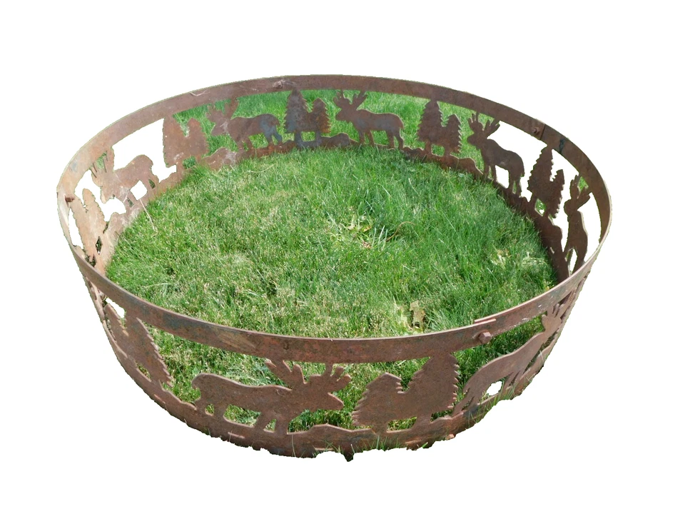 De colección 4 Piezas 36" Redondo Metal Hierro Alce Pinos Arte Campamento Fuego Anillo Pozo Foto 2 de 4