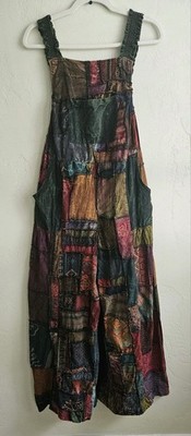 Boho Patchwork Overalls Hippie Cotton Wide Leg Jumpsuit Multicolor Overalls OS