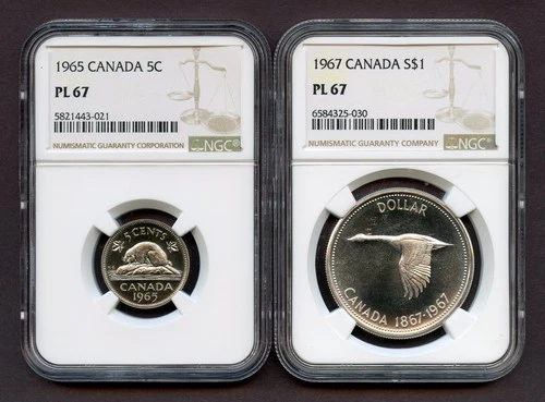 Lot of Two - Canada 1965 Nickel NGC PL 67 - Canada 1967 Silver Dollar NGC PL 67