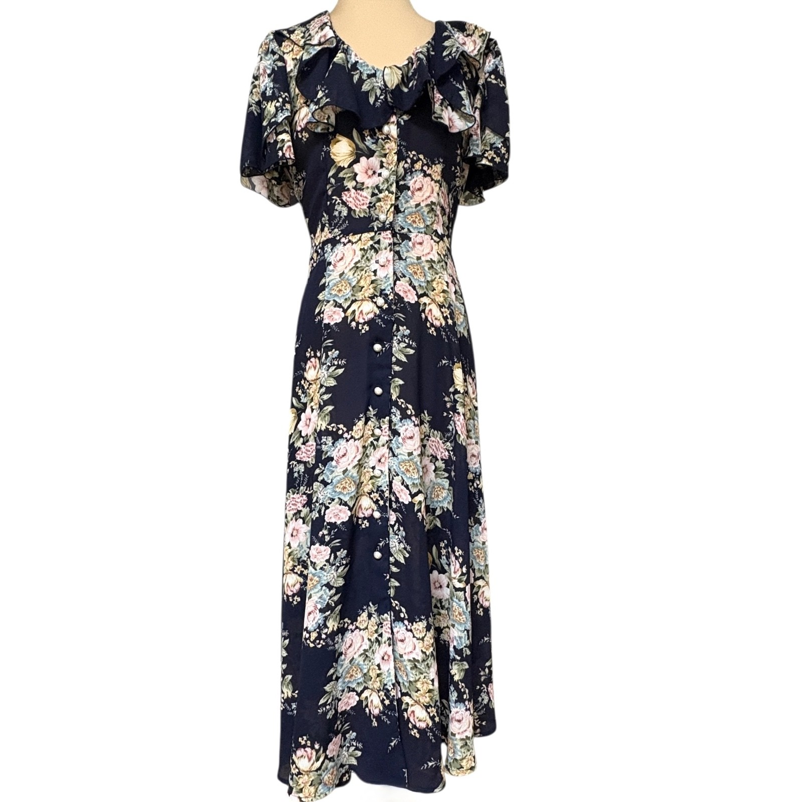 Vintage Blue Floral Cottagecore Midi Dress Western Romantic Feminine S/M-image