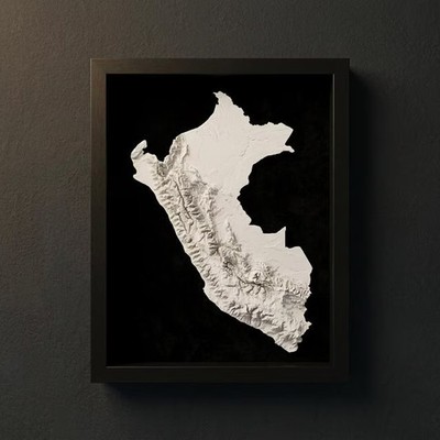 3D Peru Map Wall Art: Topography in Black Wood Frame