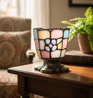 Vintage Tiffany Style Stained Glass Votive Candle Holder Pastel Floral Brass Bas