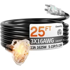 25ft 16/3 Outdoor Extension Cord with Multiple Outlets, Heavy Duty Weatherpro...
