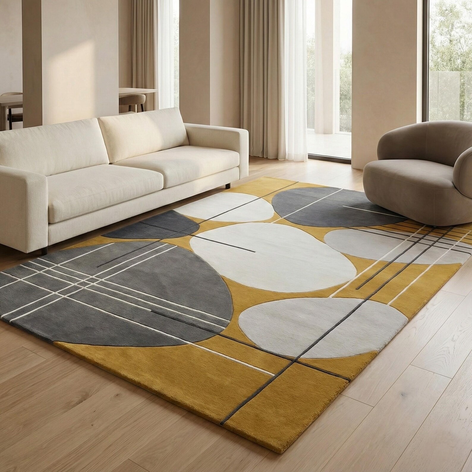 Modern Geometric Area Rug, Mustard Yellow Grey Wool Rug, Abstract Circle Carpet,