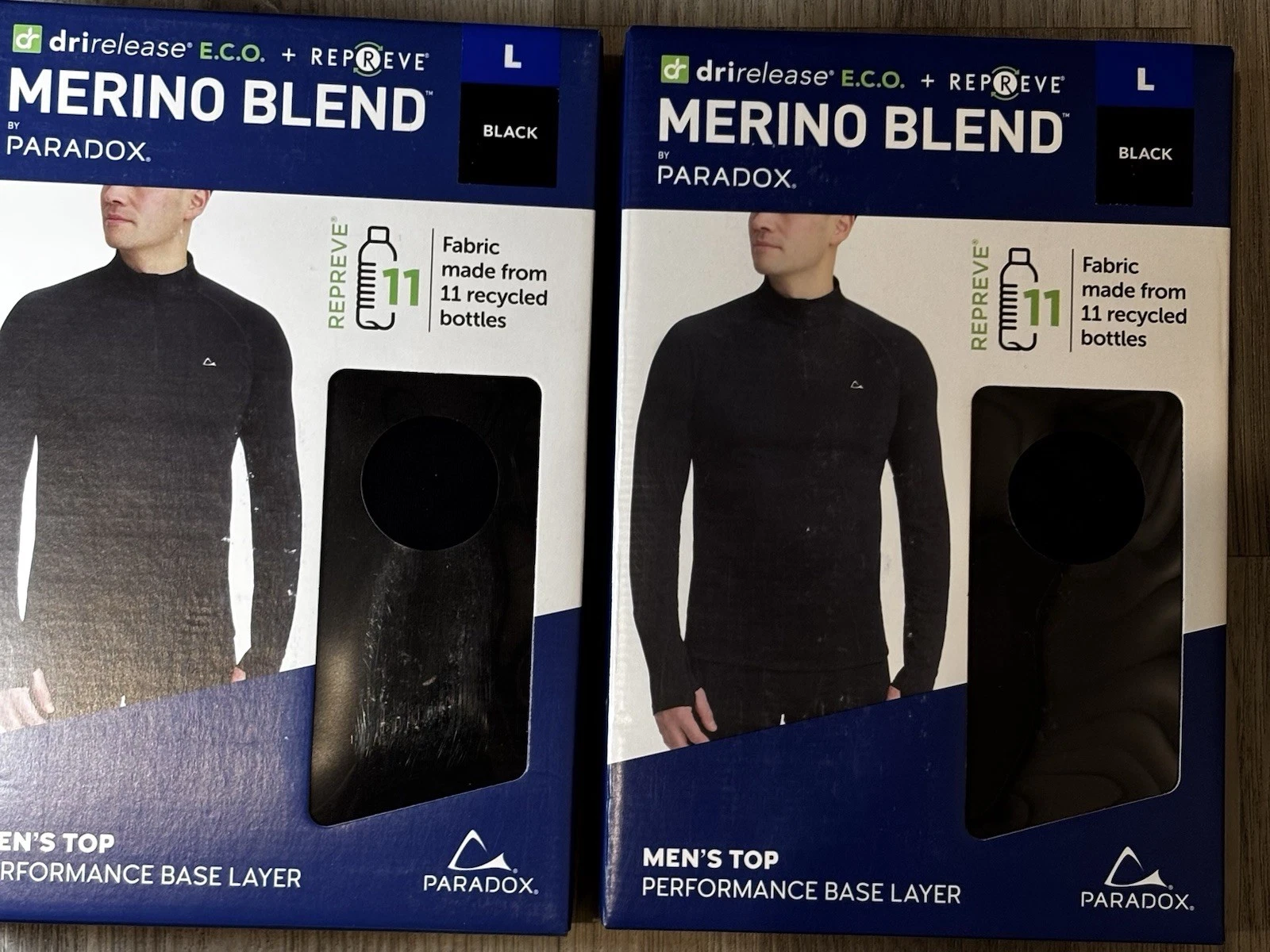 2 Packs Paradox Men's 1/4 Zip Merino Blend Performance Base Layer Top, Black, L
