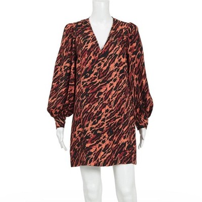 Sandro Paris Silk Leopard Print Dress FR 38 (M) V-Neck Puff Sleeve Mini Designer