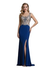 Royal Blue Beaded Jersey Split Train Long Prom Dress