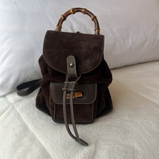 Auth Vintage Gucci Backpack Bamboo Dark Brown Suede Leather
