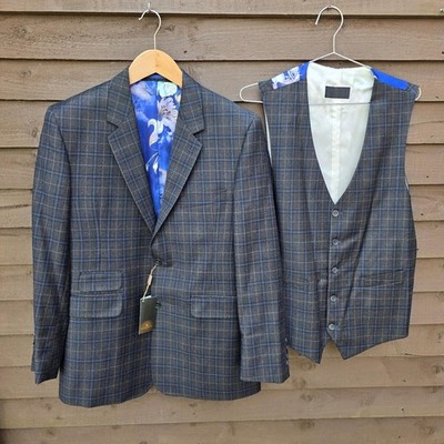 William Hunt Savile Row karierter Zweiteiler Herren 38 dunkelblau Wolljacke Weste