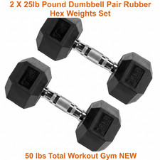 2 X 25lb Pound Dumbbell Pair Rubber Hex Weights Set 50 lbs Total Workout Gym NEW