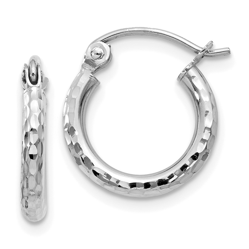 10k White Gold Diamond-cut 2mm Round Tube Hoop Earrings 0.63gm L-13 mm