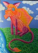 Original ACEO Painting Cat Fish 
