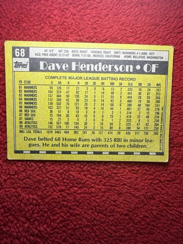 Vintage 1990 Dave Henderson Oakland Athletics Tops MLB Baseball Trading Card 68 - Picture 2 of 6