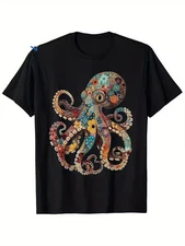 [Octopus Diving T-Shirt] 180g Octopus Floral Vintage Flowers Squid Kraken Scuba