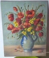 Huile sur panneau – L. Kieffer – Nature morte aux coquelicots –