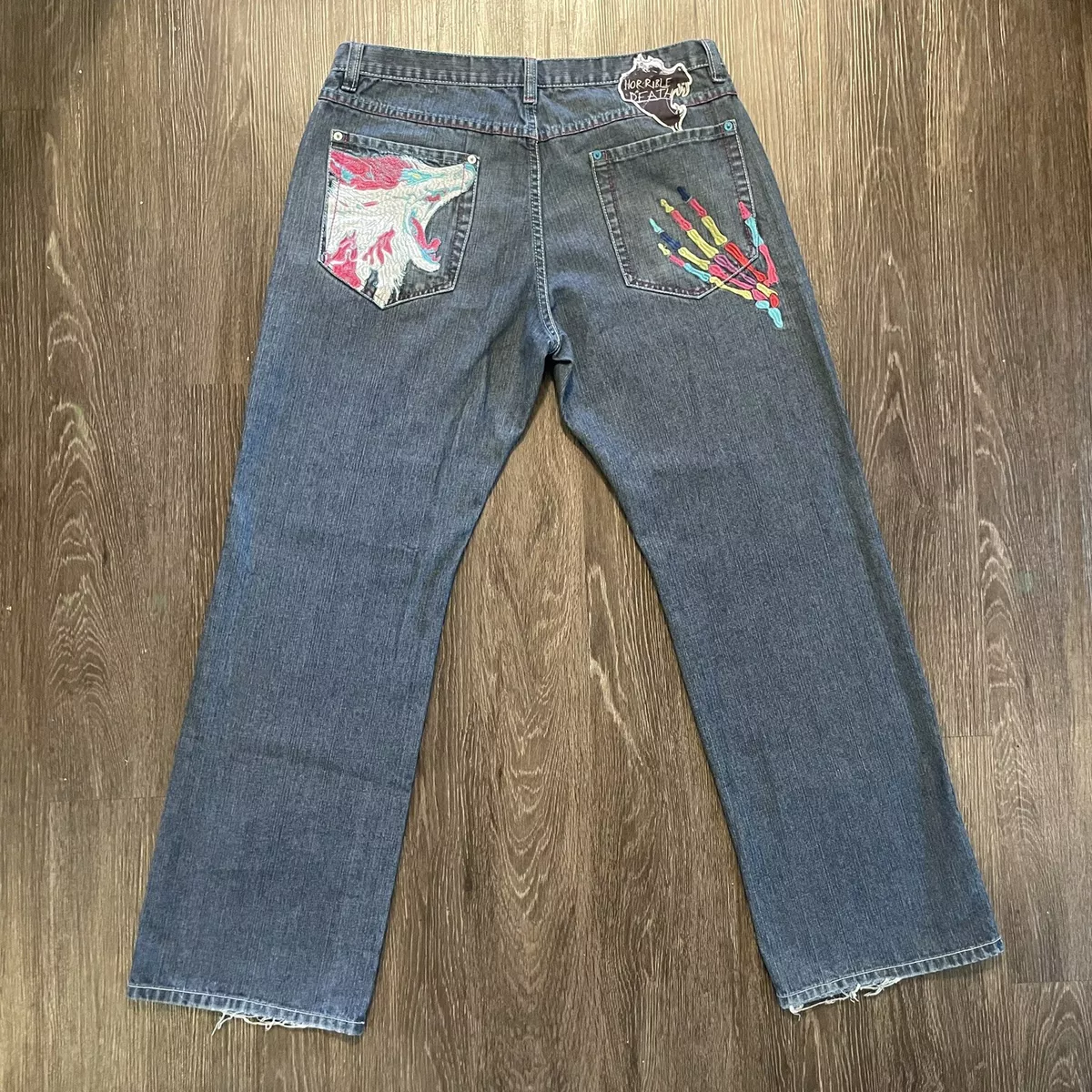 Artful Dodger Jeans Mens 36x32 Baggy Embroidered Skull Wolf Horrible Death Y2K
