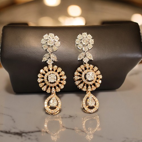 Pave 1.82 Cts Round Baguette Shape Diamonds Dangle Earrings In 14K Two-Tone Gold - Picture 3 of 13