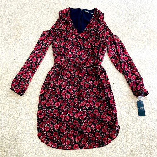 NEW Lauren Ralph Lauren Midi Dress V-Neck Sz 8 Floral Cold Shoulder Chiffon Zip - Picture 7 of 13