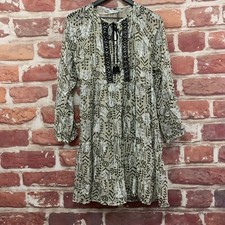 Zara Dress Womens Medium Cream Black Floral Abstract Boho Peasant Pullover