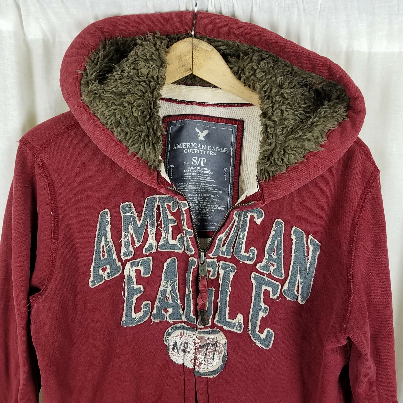 American Eagle Full Zip Up Waffle Lined Fur Trim Hoodie Sweatshirt Jacket  Mens S | eBay