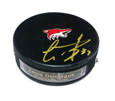 Louis Domingue Phoenix Coyotes Autographed Hockey Puck  A3926