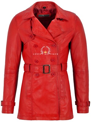 'TRENCH' Damen rote klassische mittellange Designer echte Napa Jacke Mantel 1123