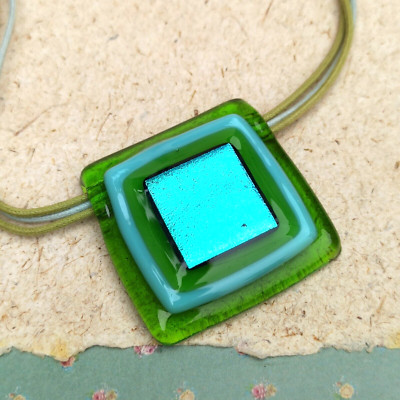 Murano Glass Necklace Jan Art Olive Green 925 Silver Fused Ocean Modernist Gift