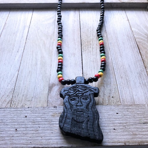 Jesus Christ Yeshua Messiah Wood Necklace Pendant w/Rasta Colors Irie Jesus 38" - 第 1/10 張圖片