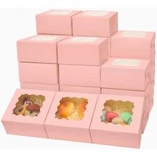 Pink Bakery Boxes with Window 6x6x3 inches Thick & Sturdy Macaroon Pastry Box...