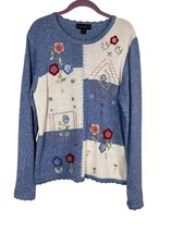 Vintage Patchwork Knit Sweater L Blue Floral Embroidery Retro Classic Preppy 80s