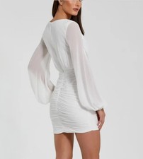 Mac Duggal 26655 Ruched Bishop Sleeve White Dress - Size 2