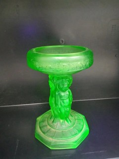 Vintage Green Uranium Frosted Glass Three Graces Figural Pedestal Display Bowl
