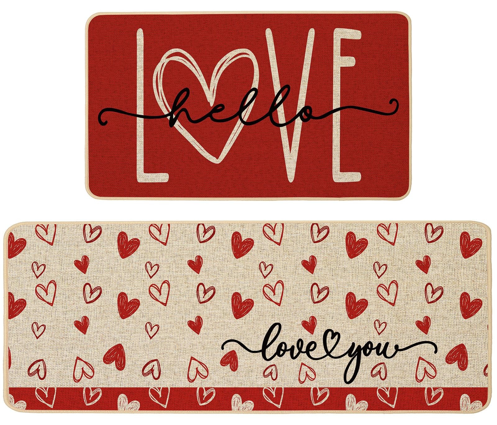 Valentines Day Kitchen Mats Set of 2, Red Love Heart Decorative Kitchen Rugs ...