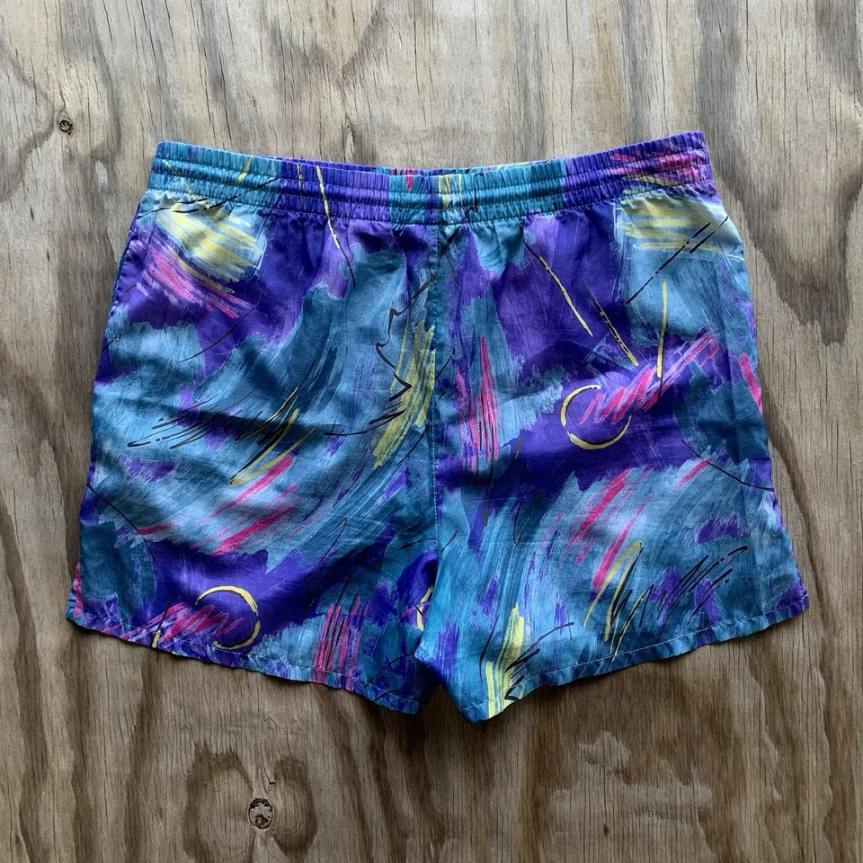 Vintage 90s Reebok Classic Retro Colorful Abstract Shorts Sz M Embroidered Logo - Image 2 of 4