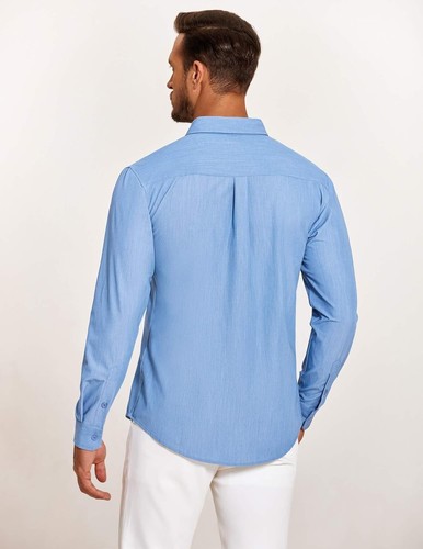 Mens Casual Button Down Shirt Untucked Long Sleeve Stretch Denim Dress Shirt - Picture 3 of 83