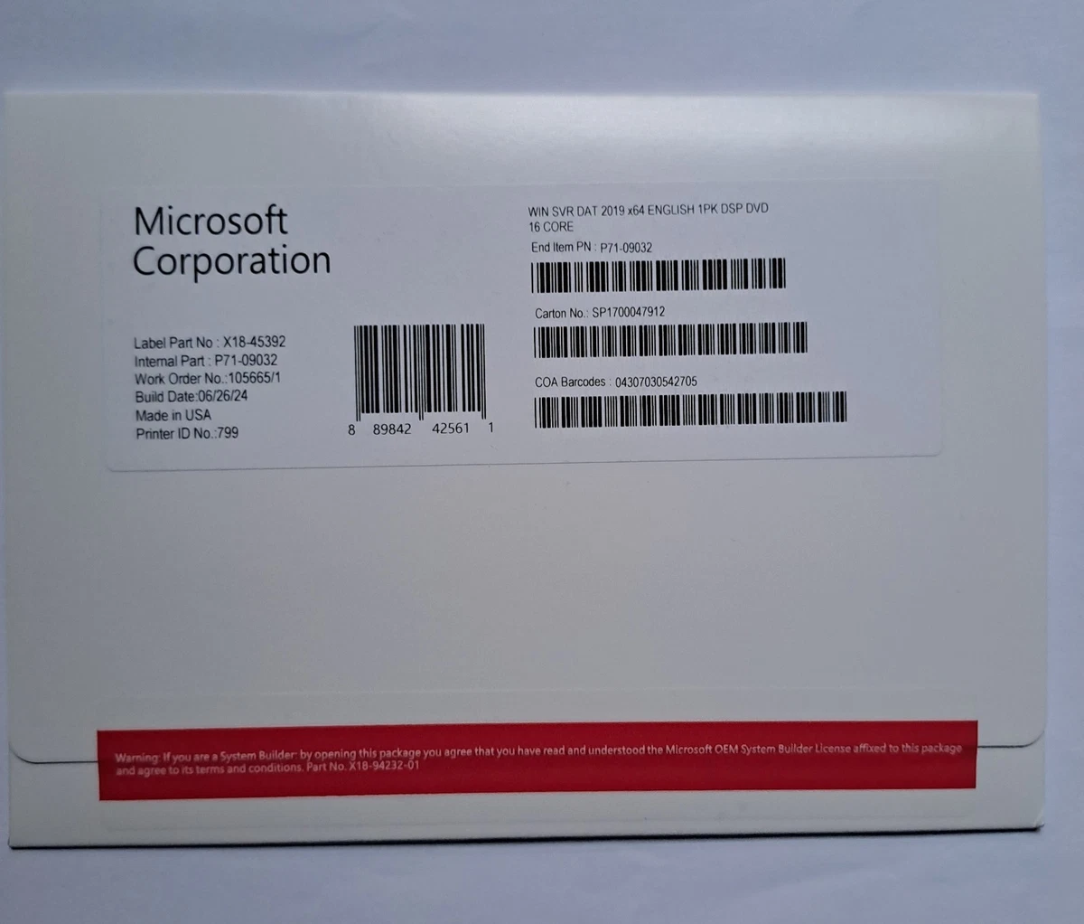 Microsoft Windows Server 2019 Datacenter 16 núcleos DVD + llave sellada