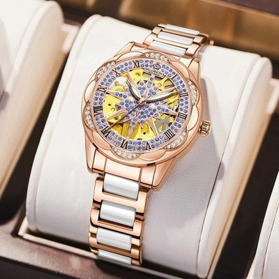 Luxury Women s Automatic Skeleton Watch | Gold Mechanical with White Ceramic