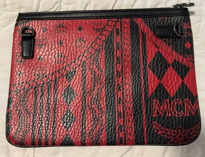 MCM Red Black Monogram Zip Pouch Clutch Bag Made in Korea