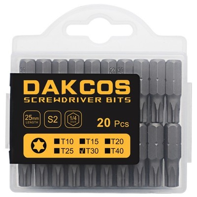 DAKCOS 20 Piece T30 Torx Bit Set, 25mm Short Screwdriver Bit S2 Alloy Steel