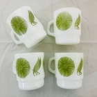 Vintage Anchor Hocking Fire King Green Flower & Leaf Milk Glass Mugs (x4)